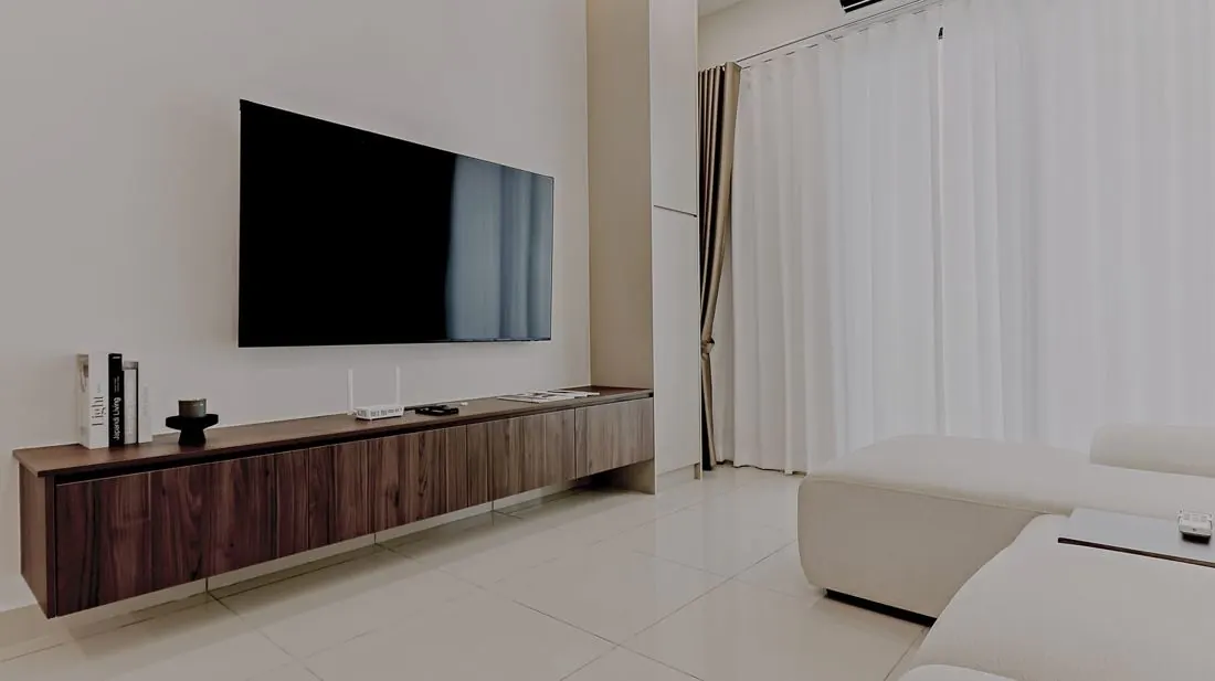 Bright living room with timber TV cabinet