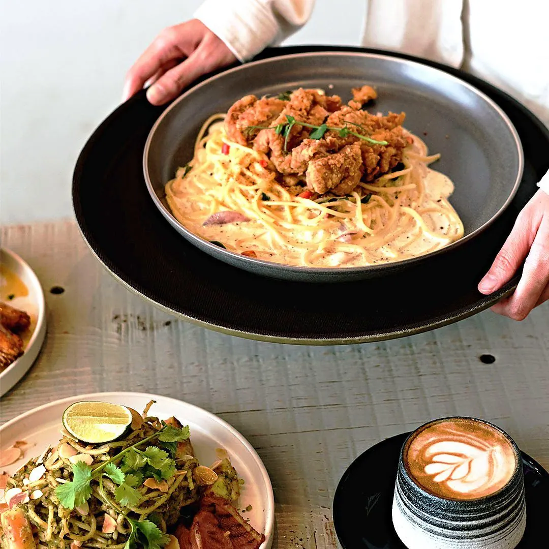 Carbonara being served with coffee