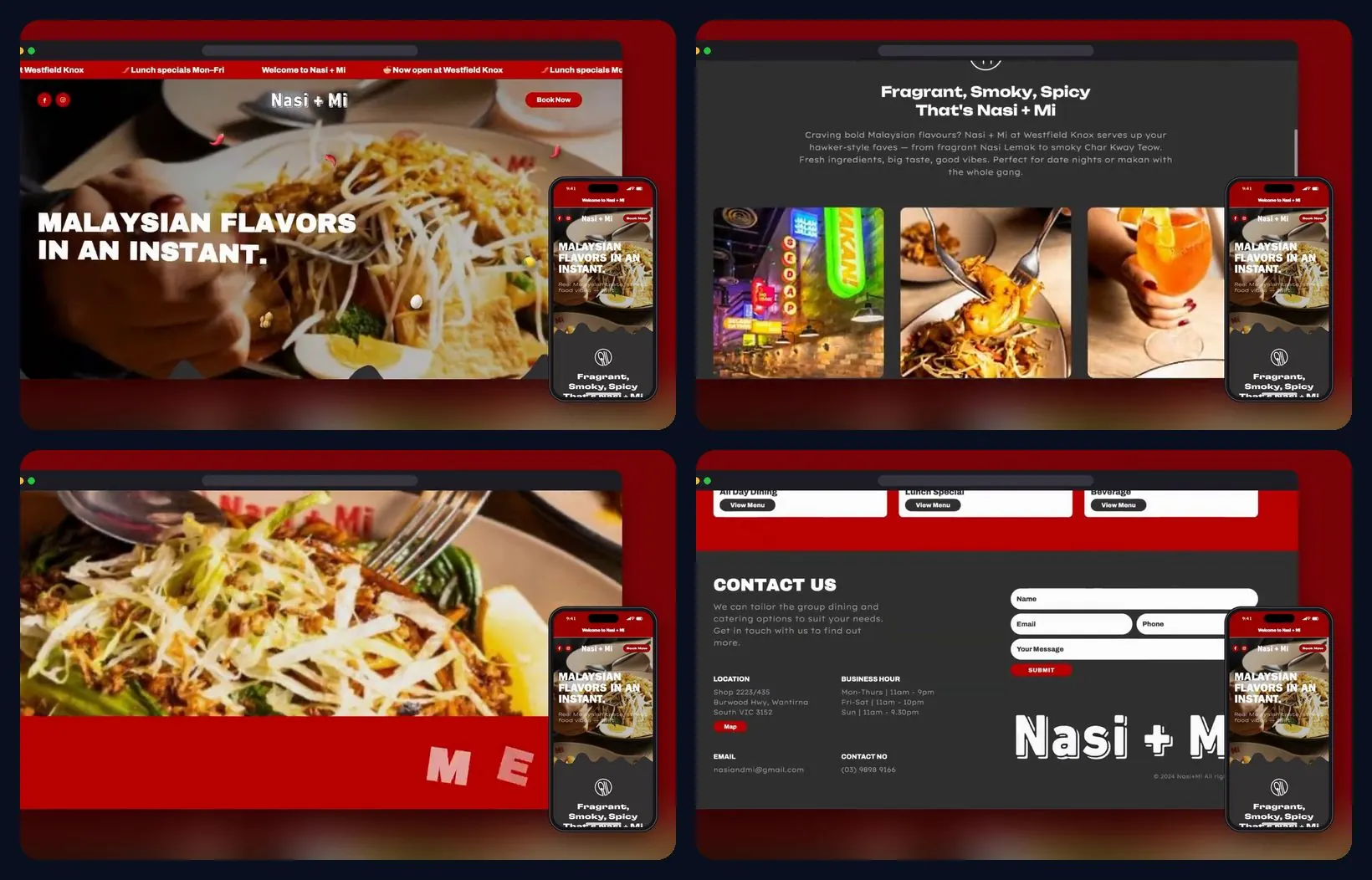 Four sections of the website, desktop and mobile