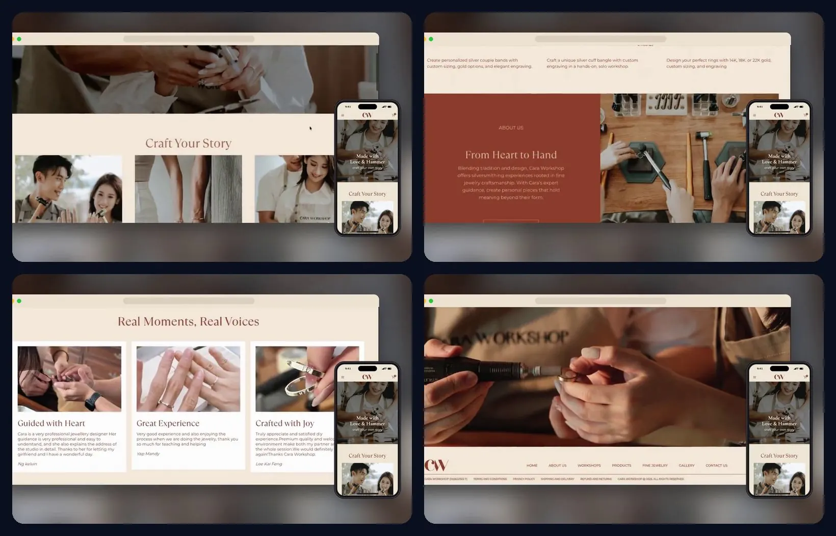 Four sections of the website, desktop and mobile