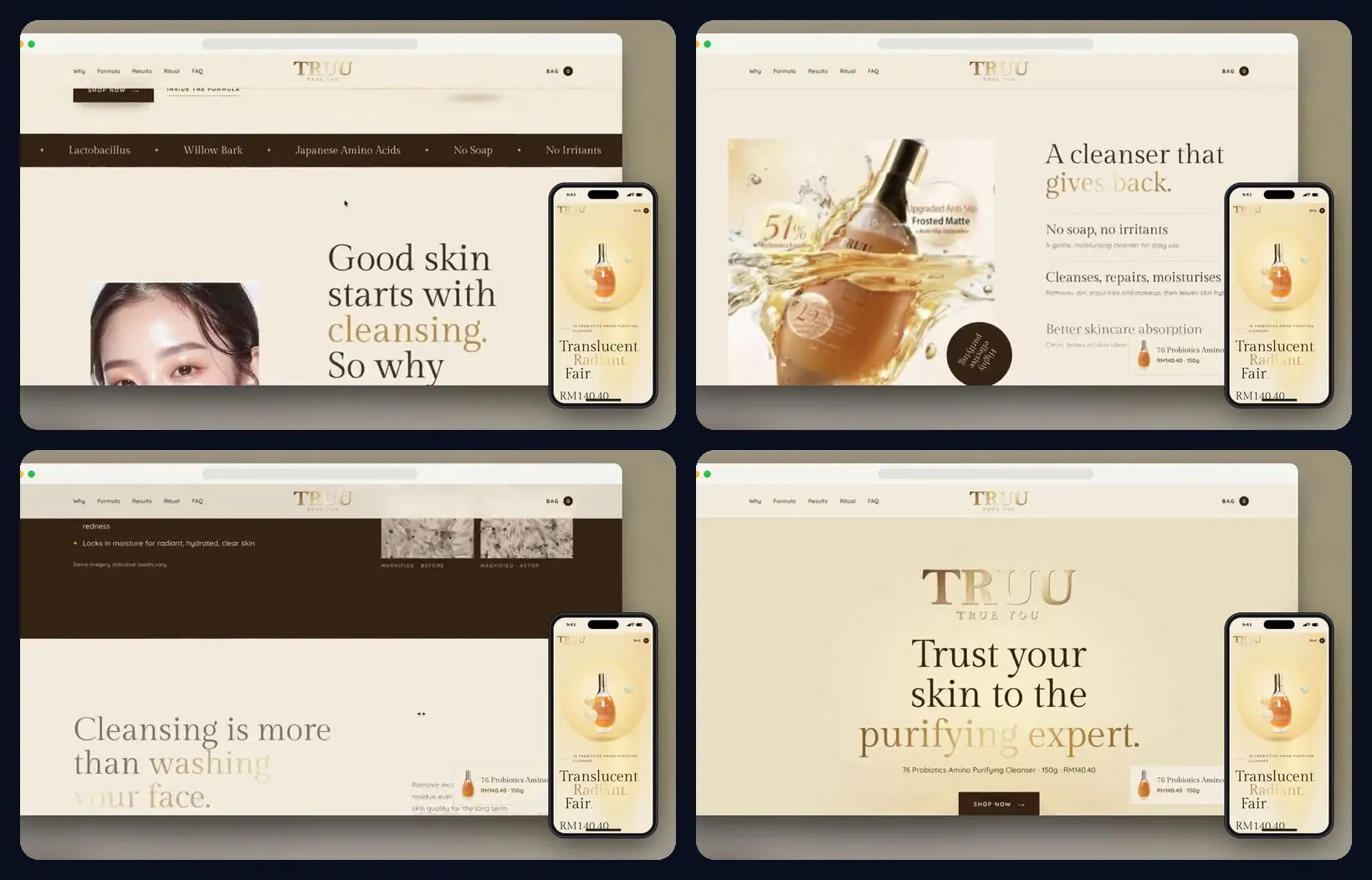 Four sections of the website, desktop and mobile