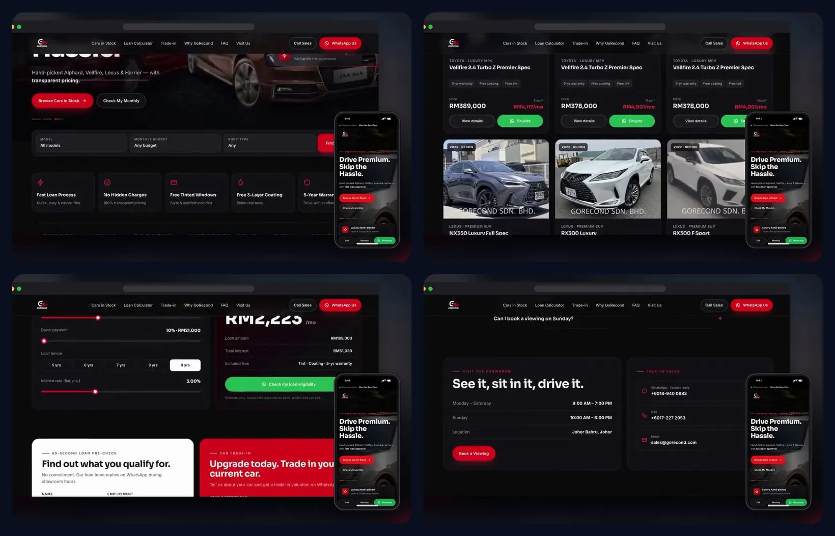 Four sections of the website, desktop and mobile