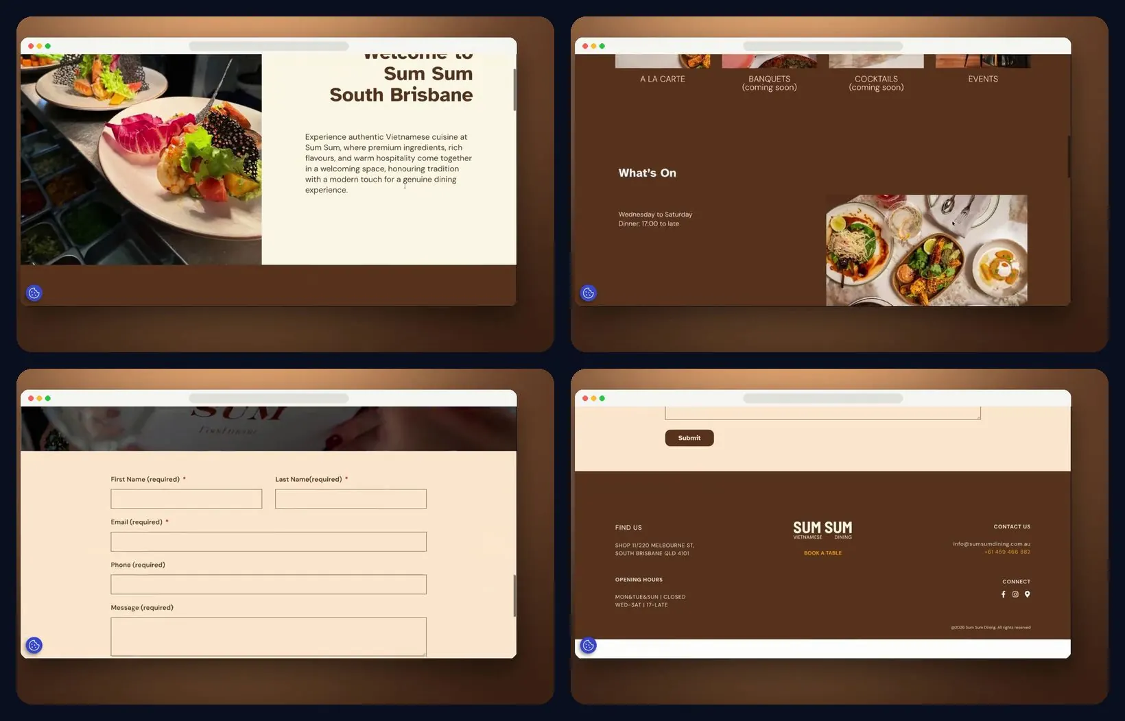 Four sections of the website, desktop and mobile