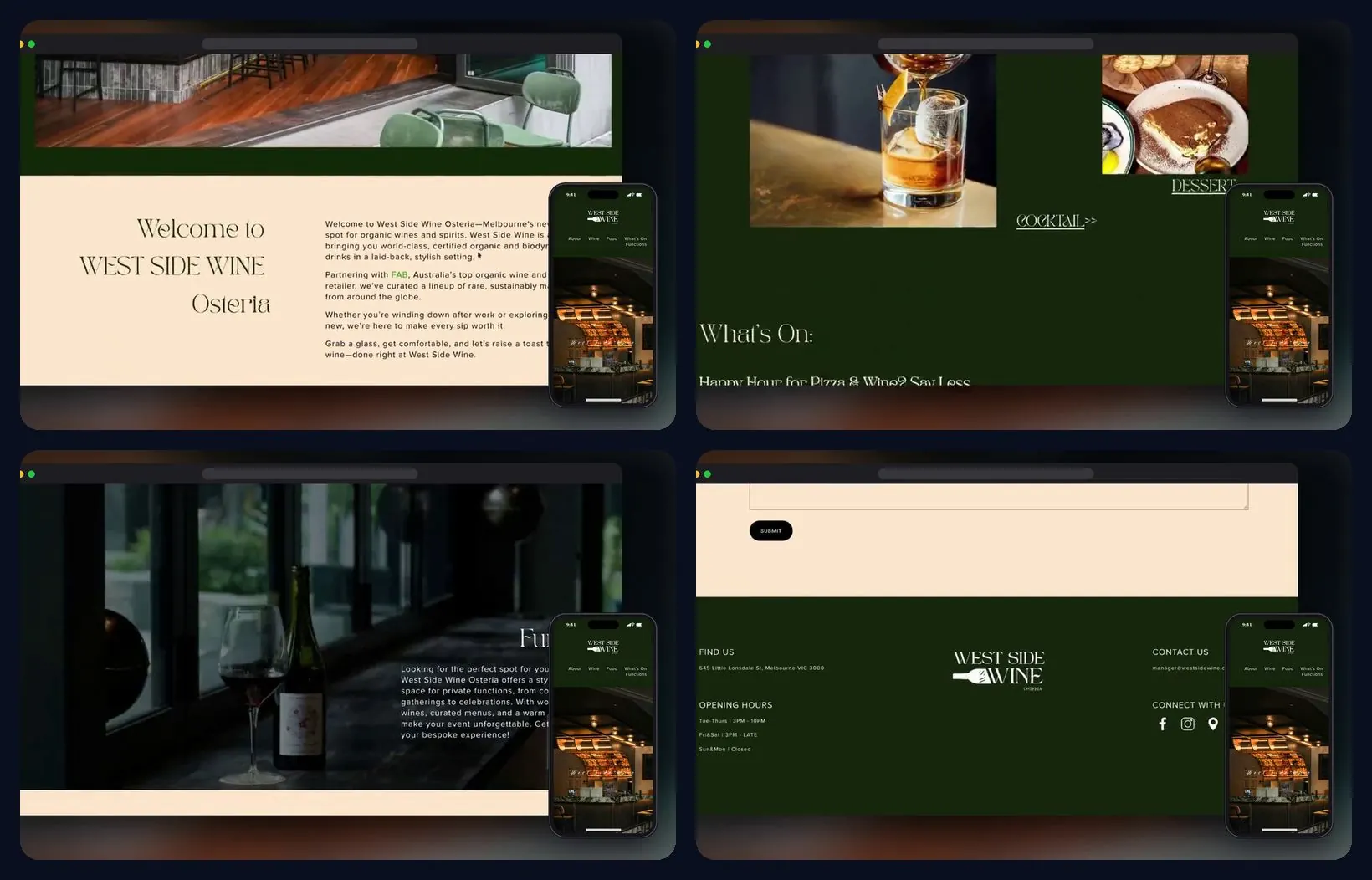 Four sections of the website, desktop and mobile