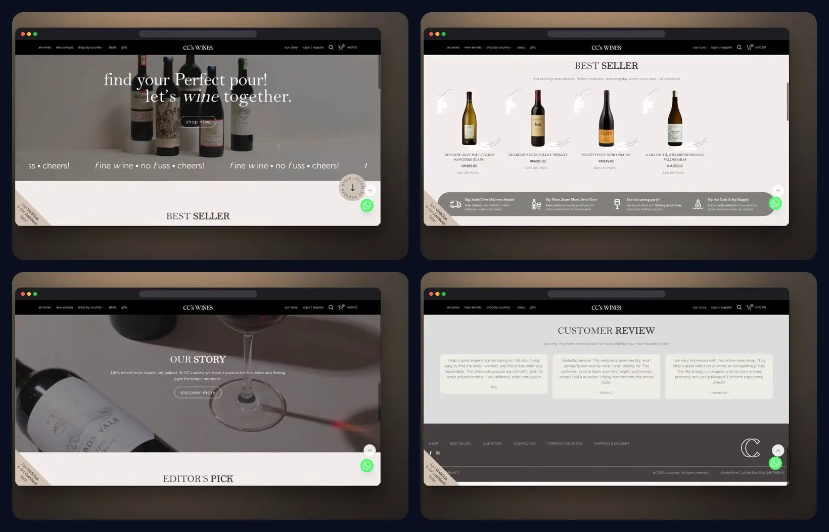 Four sections of the website, desktop and mobile