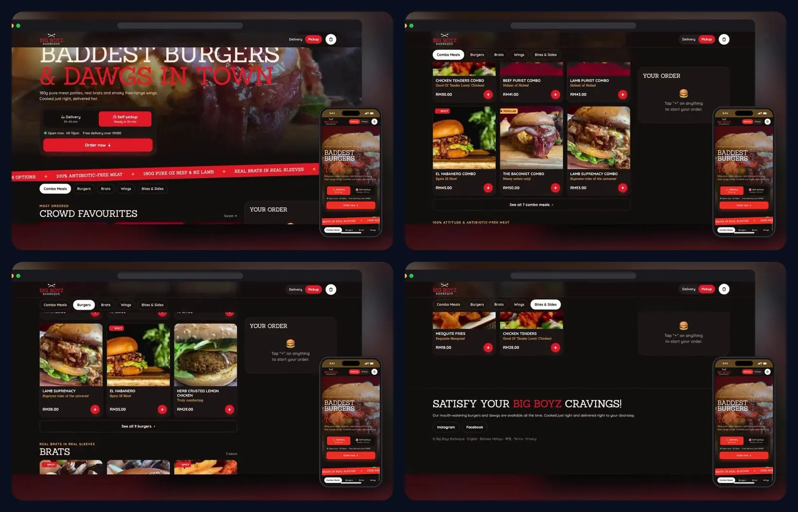 Four sections of the website, desktop and mobile
