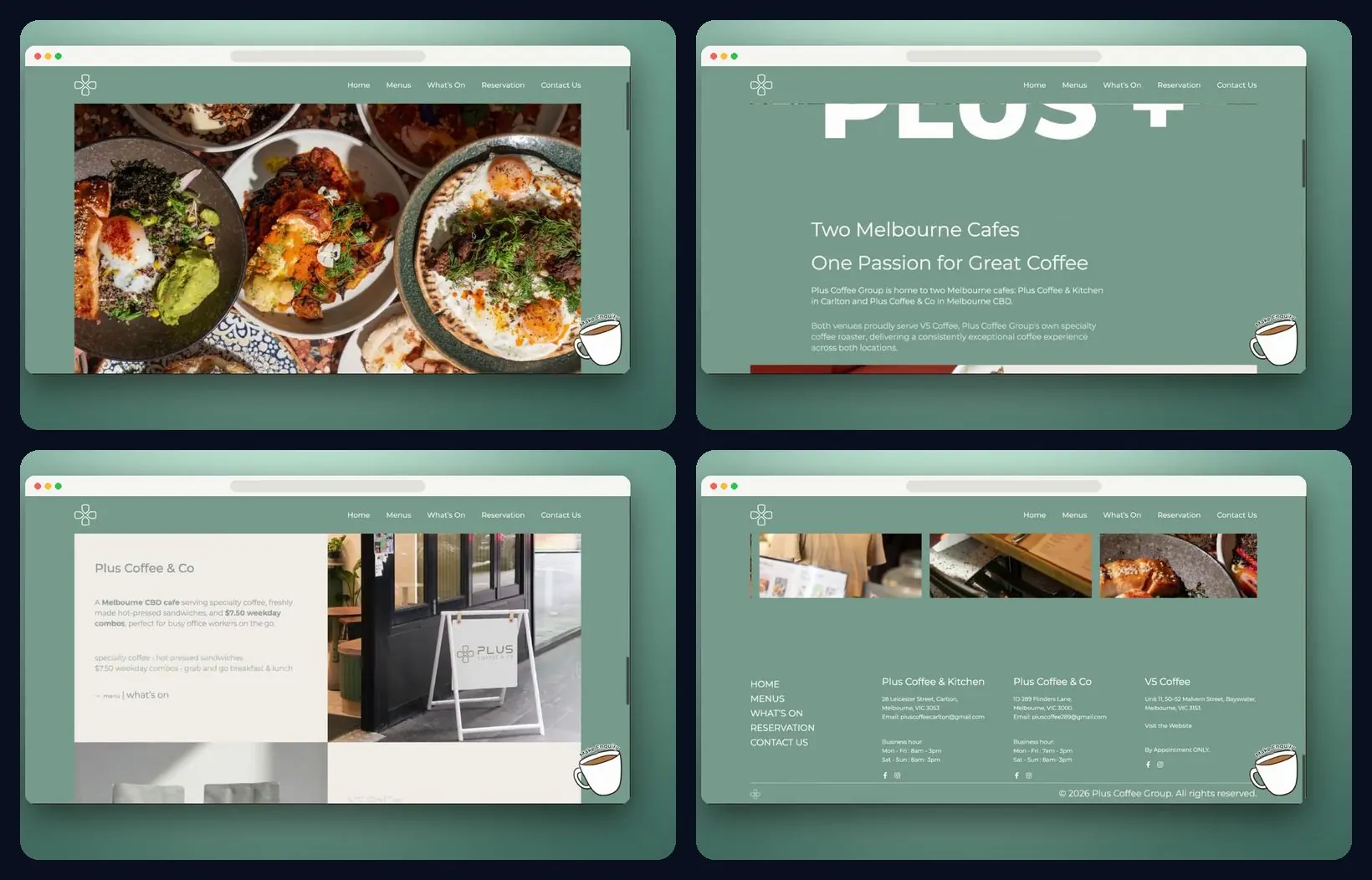 Four sections of the website, desktop and mobile