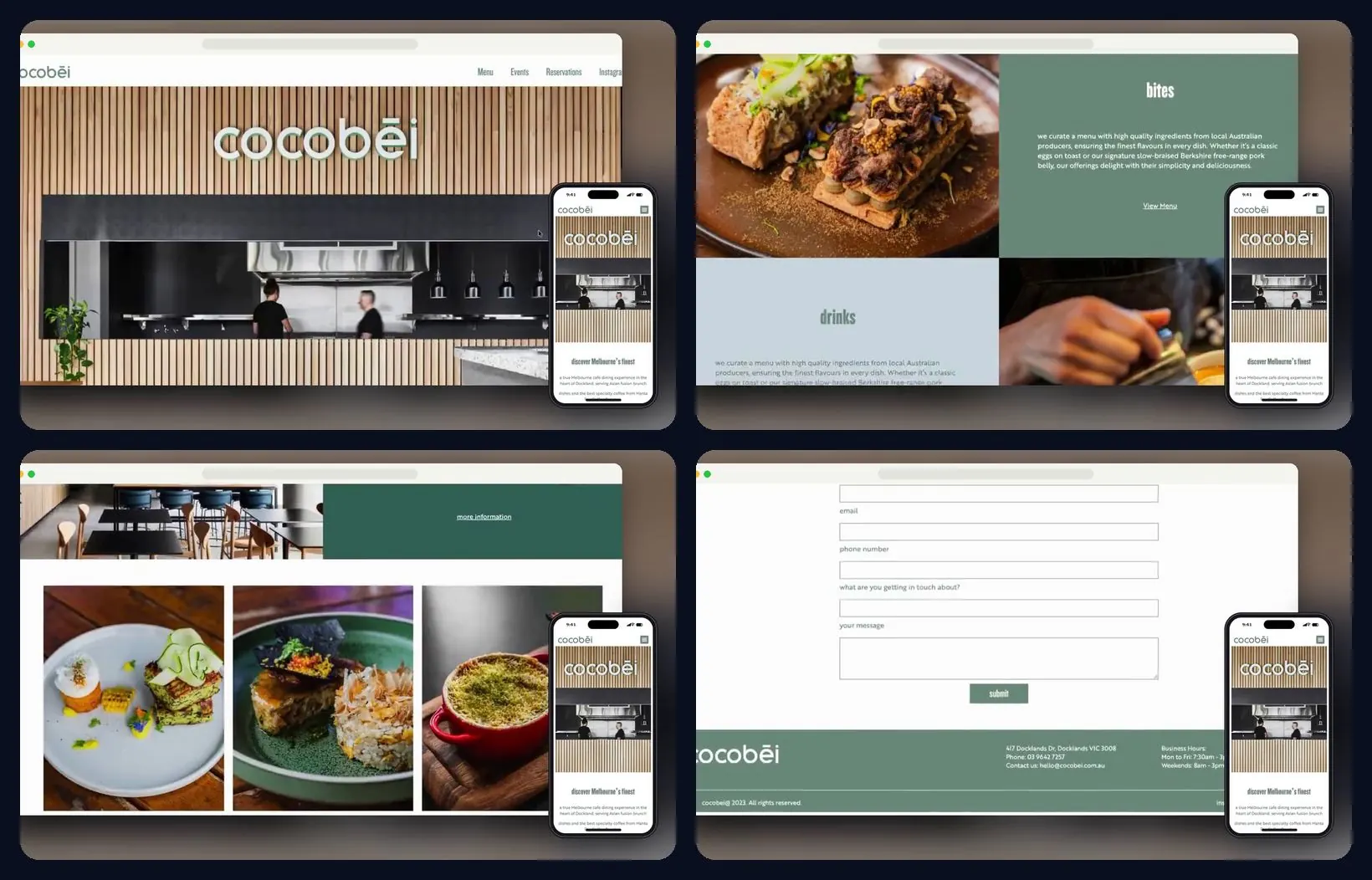Four sections of the website, desktop and mobile