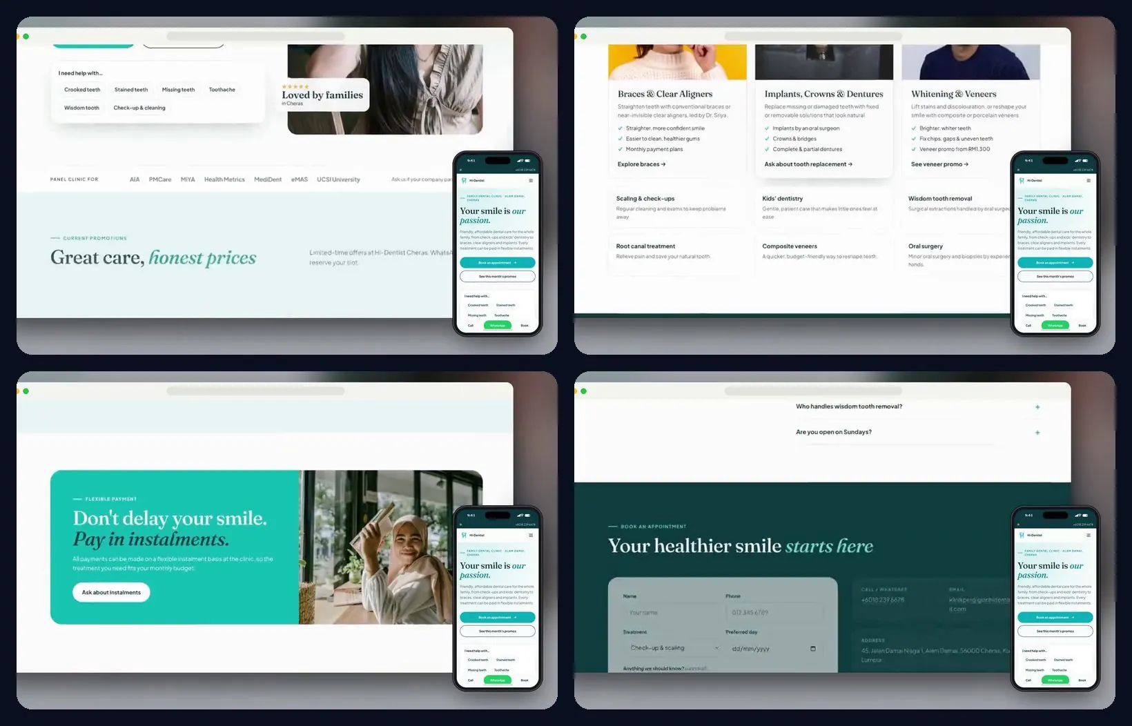 Four sections of the website, desktop and mobile