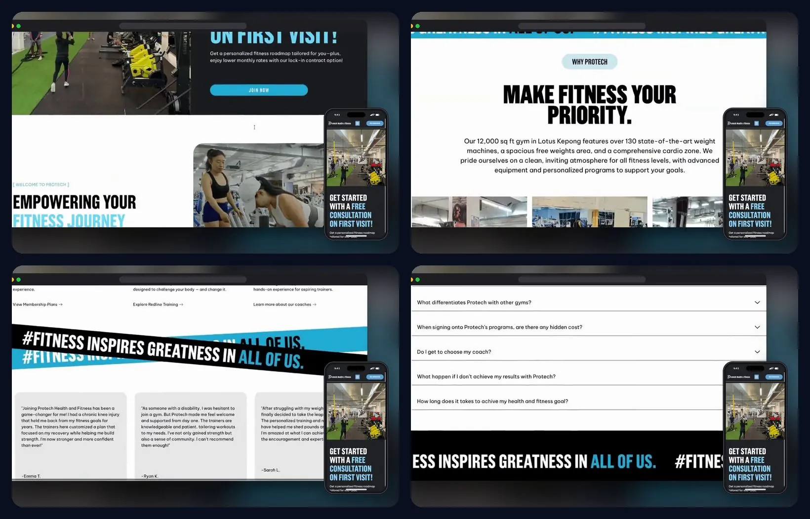 Four sections of the website, desktop and mobile