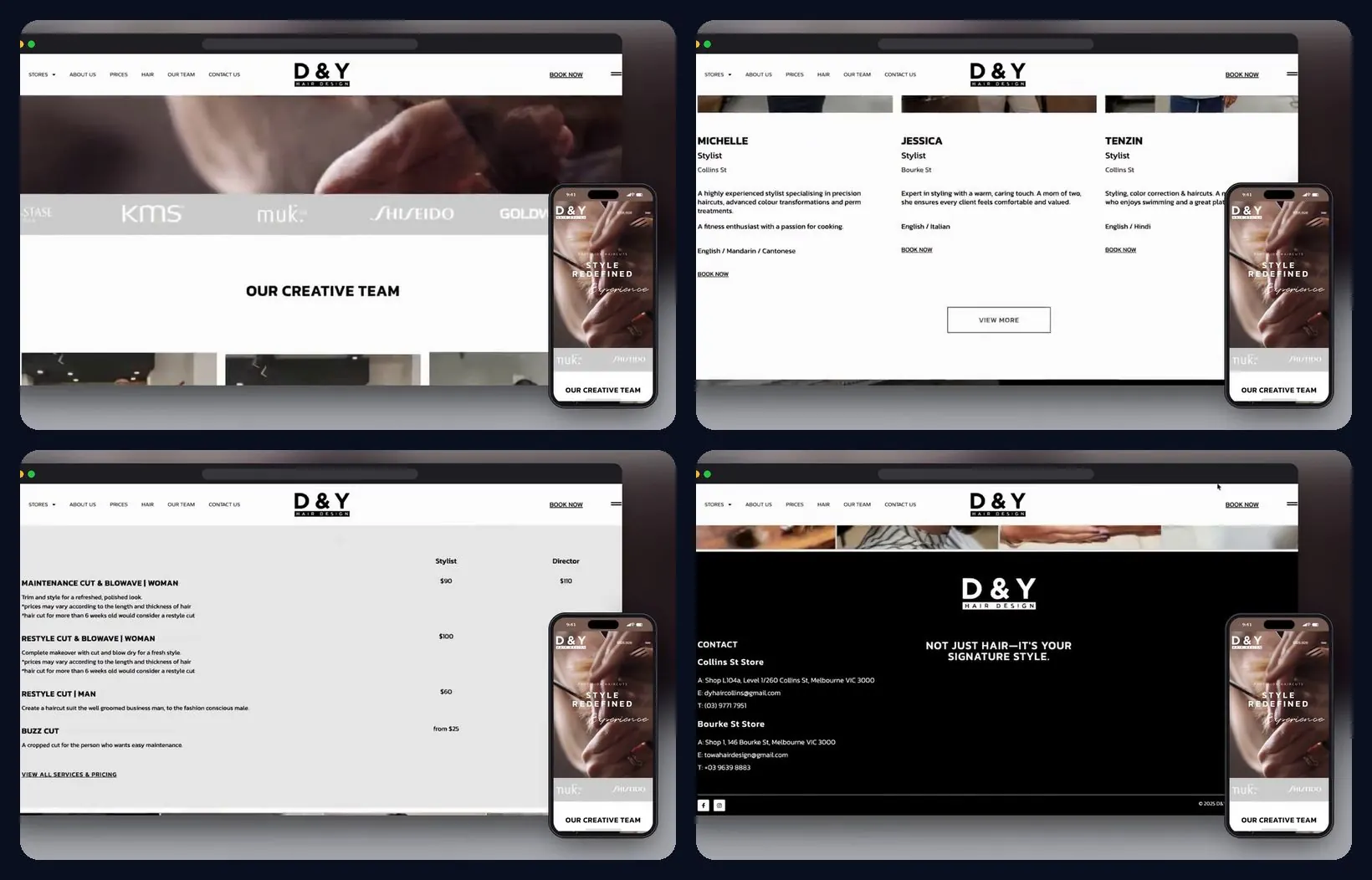 Four sections of the website, desktop and mobile