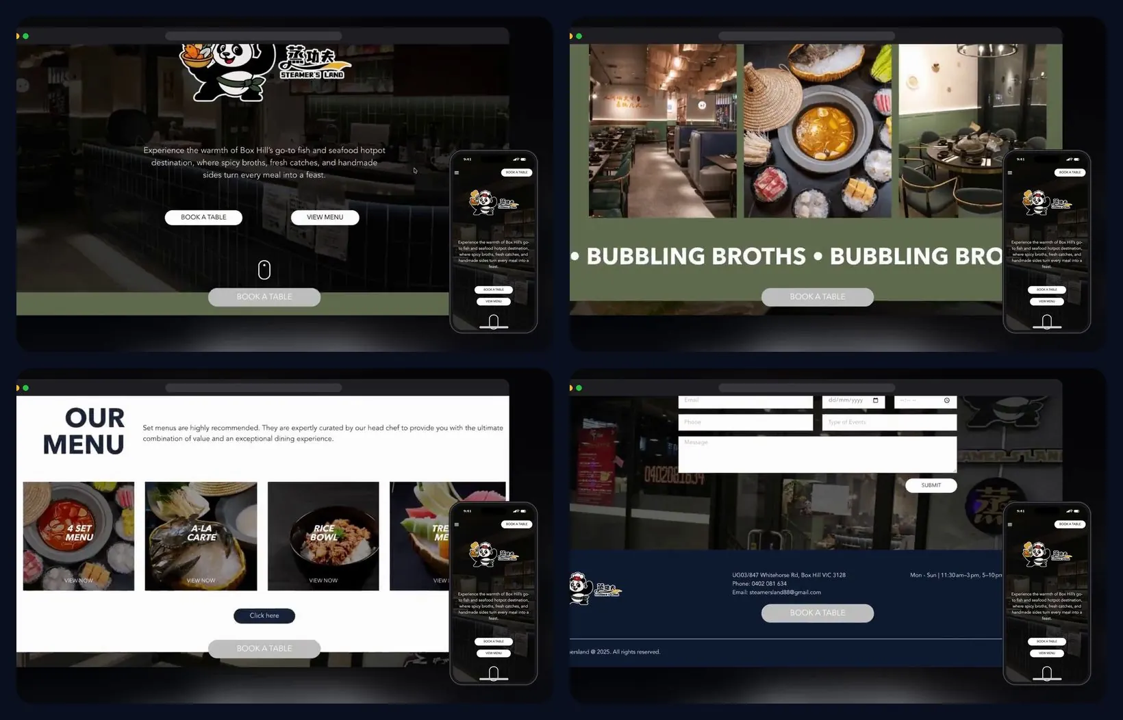 Four sections of the website, desktop and mobile