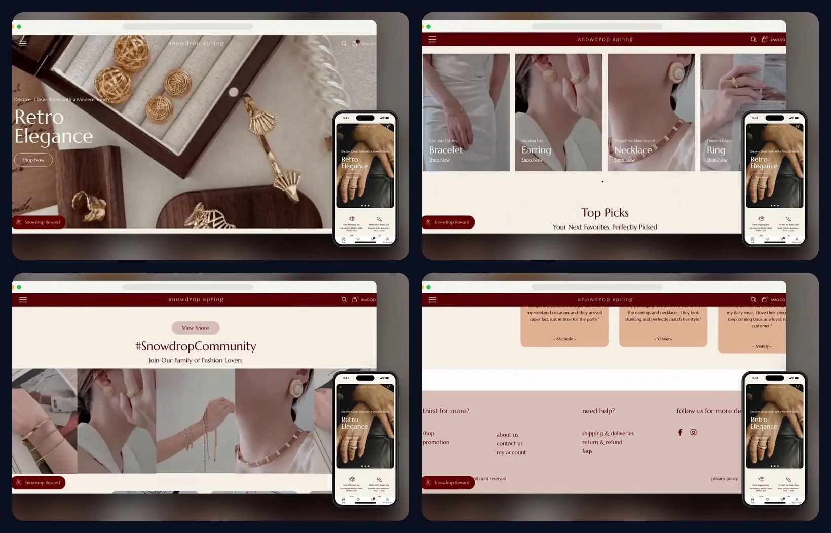Four sections of the website, desktop and mobile