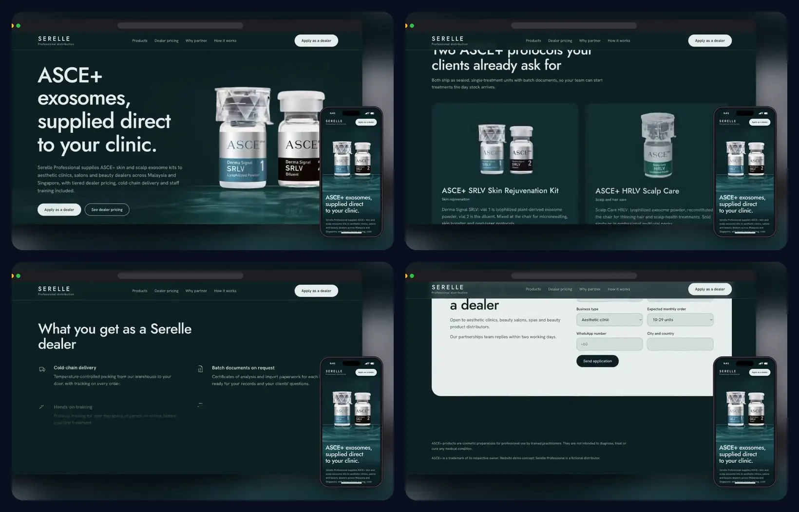 Four sections of the website, desktop and mobile