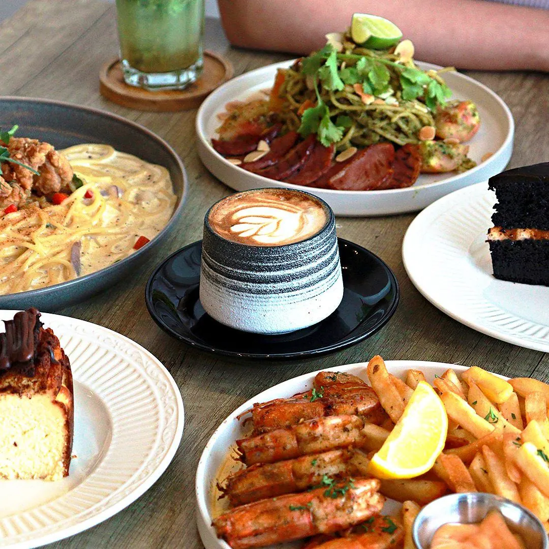 Latte and brunch spread