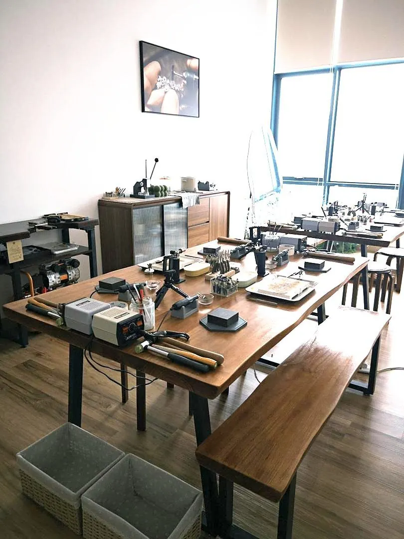 Workshop benches set up for a class